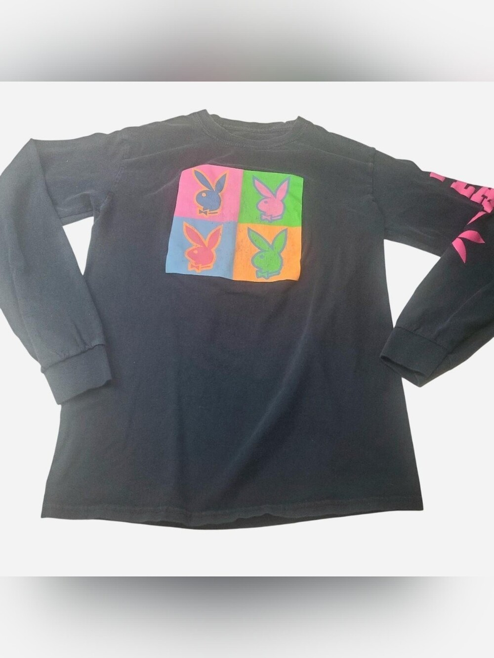 Vintage Y2K Playboy Shirt Womens Small Black Bunnies Long Sleeves Spelled Out